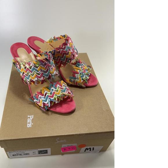 Meroine Pink Rainbow Woven 85mm raffia fringe heels mules D976 - Picture 2 of 11